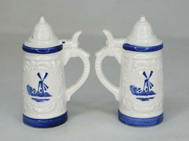 Vintage White Beer Steins W/ Blue Windmills  Salt and Pepper Shakers  - £10.14 GBP