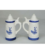 Vintage White Beer Steins W/ Blue Windmills  Salt and Pepper Shakers  - £10.18 GBP