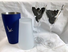 2 Grey Goose Vodka Crystal Martini Glasses + Steel Cocktail Shaker + Oli... - £44.24 GBP