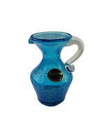 Kanawha Blue Crackle Glass Small Pitcher Vase w Applied Handle Hand Blown - $371.47 MXN