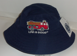 Nwt Boys &amp; Girls Life Is Good &quot;Let&#39;s Roll&quot; Fire Truck Navy Bucket Hat Size 6-12M - £16.78 GBP