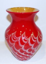 EXQUISITE SIGNED 1999 LUNDBERG ART GLASS RED/ORANGE GOLD IRIDESCENT 7&quot; VASE - $304.91