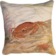 Pillow Throw Needlepoint Crab and Sea Star 18x18 Wool Down Insert Cotton Velvet - £234.44 GBP
