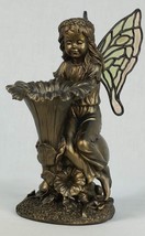 Fairy Fluted Flower Bird Feeder Bronzed Look 11" High Stained Glass Look Wings image 2