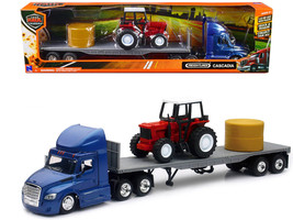 Freightliner Cascadia w Flatbed Trailer Blue w Farm Tractor Red Hay Bales Long H - £31.74 GBP