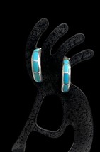 Vintage Zuni Sterling Silver Blue Turquoise Inlay Half Hoop Earrings - $33.99