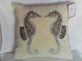 New Costal Collections Beaded Seahorses Throw Pillow Aquatic Ocean Pearl 14 x 14 - £39.55 GBP