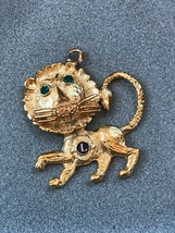 Vintage Goldtone Lion w Green Rhinestone Eyes &amp; Lion’s Club Insignia Pendant –  - £6.16 GBP