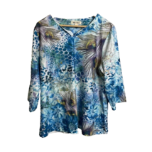 Blue Mood Womens Blouse Size 1X 3/4 Sleeve Blue Floral Peacock V Neck Top - £13.02 GBP