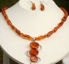 Cognac Amber Adjustable Pendant Necklace and Earrings Jewelry Set - £118.79 GBP