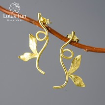 K gold asymmetrical bent long branch leaves dangle earrings for women real 925 sterling thumb200