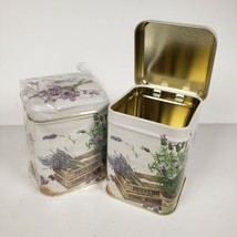  2 Ideal Home Range Tins Lavender with lids 3.75&quot; x 3&quot; x 3&quot; Hinged Lid - $12.16