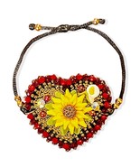 Handcrafted Golden Bead Sunflower Red Rhinestone Heart Bracelet Adjustab... - £7.52 GBP