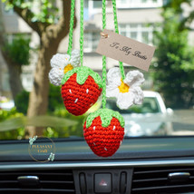 Car Mirror Hanging Accessories Women, Crochet Strawberry Car Plant, Rear View - £15.45 GBP