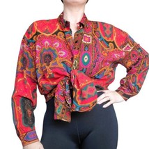 Vtg 80s 90s Colorful Abstract Paisley Blouse M/L Rayon Boho Button Up Red - $38.60