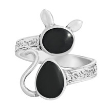 Feline Fantasy Black Onyx Inlay Sterling Silver Kitty Cat Open Ended Ring-10 - £17.43 GBP