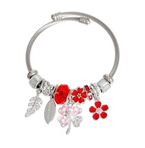 Silver Twisted Cable Classic Wrap Red Clover Charm Bangle Fashion Bracelet - £23.49 GBP