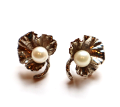 Vintage Sterling Real Pearl Earrings Mid Century Screw Clip on Style Leaves - $49.49