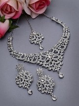 Rhodium Plated Silver AD White Stone Collar Necklace Set Earring Kundan Jewelry - £15.84 GBP