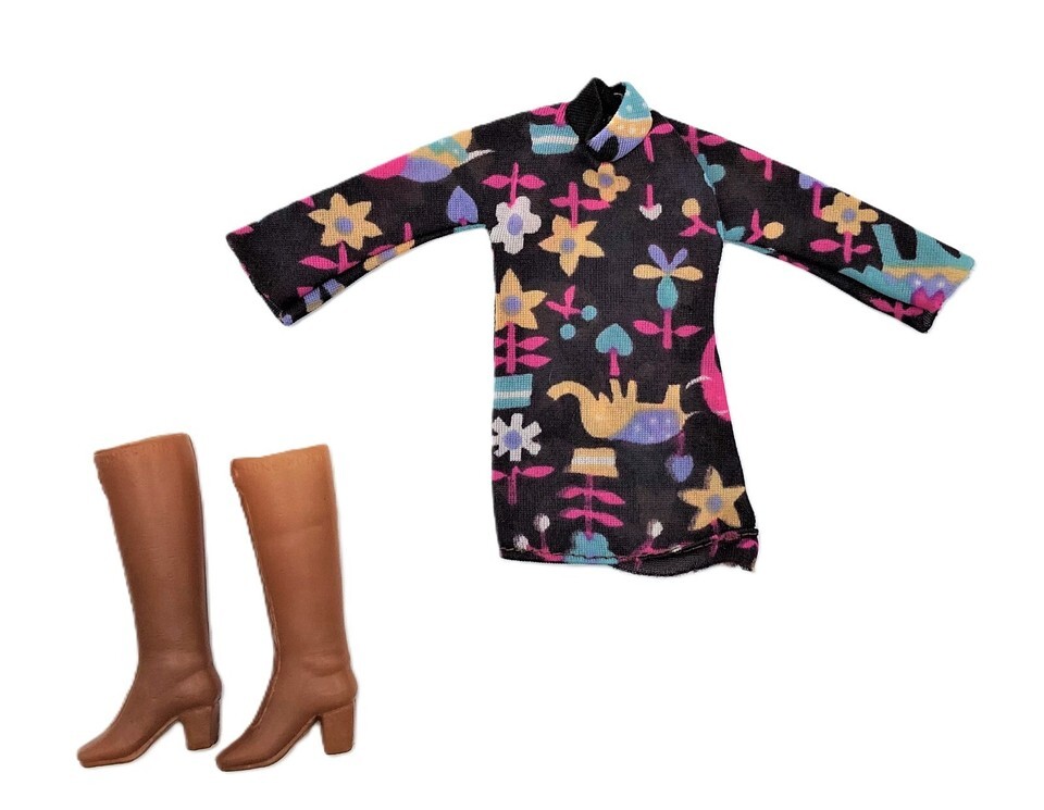 Barbie 1960&#39;s Brown Shirt with Flowers &amp; Elephants and Brown Boots - $11.35