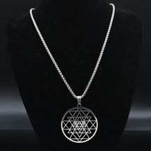 Sacred Geometry Necklace Silver Stainless Steel Sri Yantra Medallion with Chain - £15.09 GBP