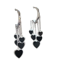 Silvertone Black Hearts Tassel Dangle Earrings - New - £11.96 GBP