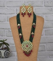 Maroon Green Beautiful Kundan Beads Mala Necklace Pendant Earrings Jewelry Set - £35.88 GBP