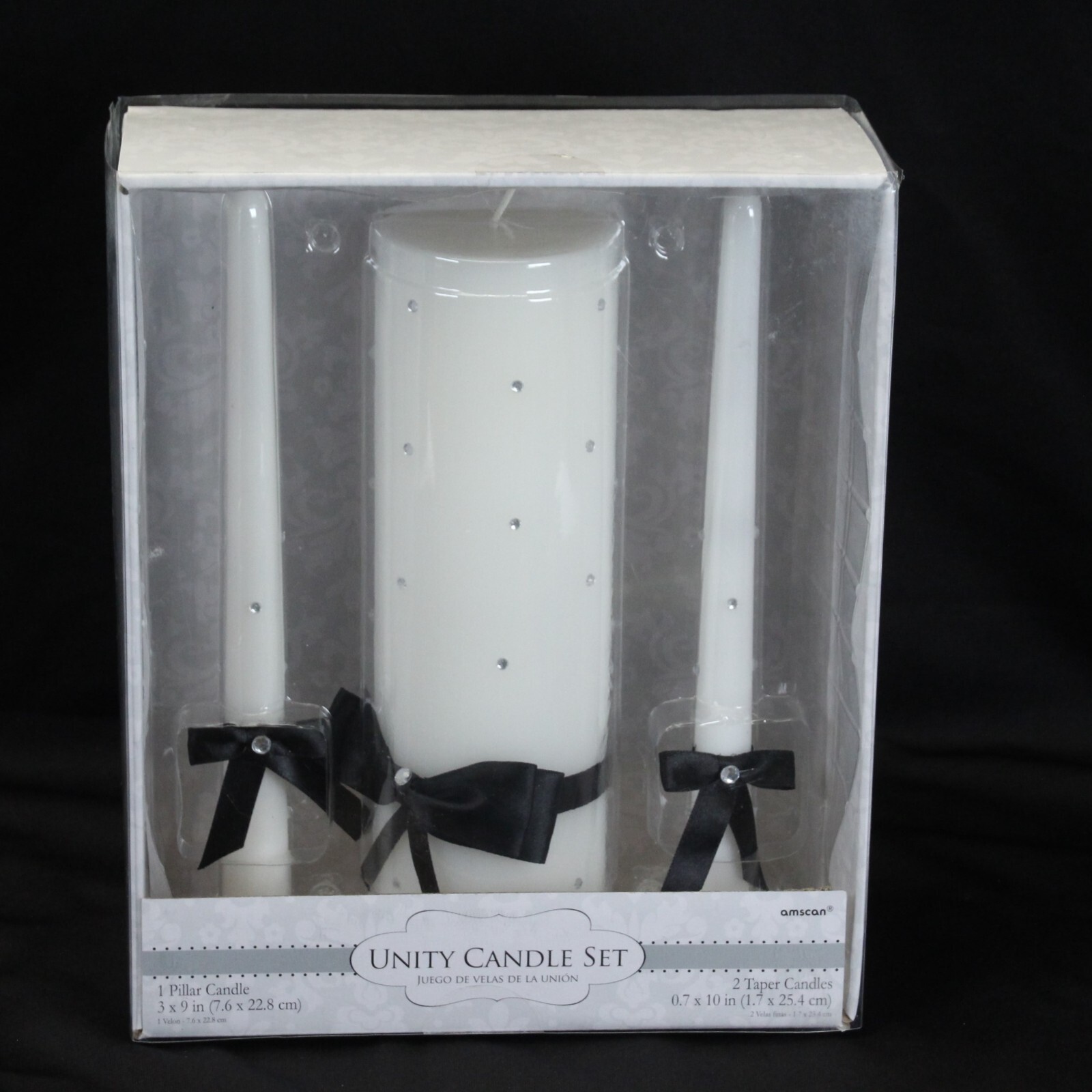 Amscan White Rhinestone Wedding Ceremony Unity Candle Set Black Bows  NEW - $14.69