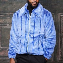 Men&#39;s Fashion Royal Blue White Tone Faux Fur Fuzzy Coat - £119.46 GBP