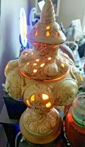 Aladdin style lamp gold cream brown porcelain highly decorative angel metal base - $98.01