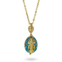 Turquoise Brass 50 Crystals Triptych Icons Royal Egg Pendant Necklace 20 Inches - £61.54 GBP