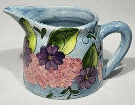 Laurie Gates Ware Pink Hydrangea creamer Blue background Purple flowers leaves - £23.14 GBP