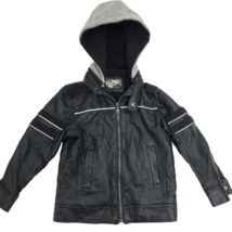 First Wave Faux Leather Jacket Boys Size 4/5 Black Hooded Full Zip Moto ... - £9.58 GBP