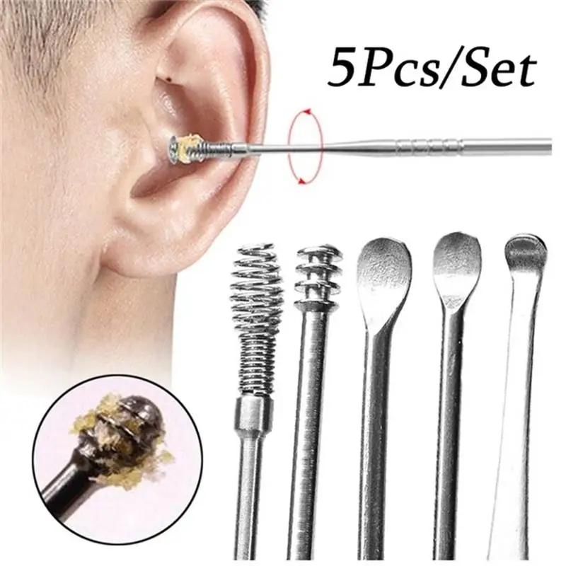 5 Pcs/Set Unisex Stainless Steel Spiral Ear Pick Spoon Ear  Removal Cleaner Ear  - £130.03 GBP