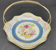 Vintage Iridescent Luster Ware Gold Gilded Rose Candy Dish W/ Handle - Japan! - £22.26 GBP