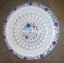 12&quot; Filigree Marble White Bowl Lapis Turquoise Multi Inlay Floral Art Ho... - $540.34