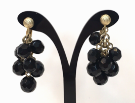 Black Earrings Clip On Dangle Gold Tone Dangle  Faceted Beads - $8.00