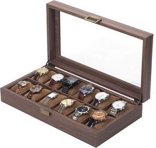 12 Slot PU Leather Watch Box Organizer Watch Case with Glass Top - $20.99