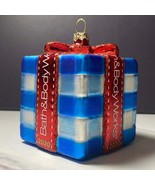 1 Bath &amp; Body Works Glass Christmas Ornament Gingham Blue Gift Wrapped P... - $17.81