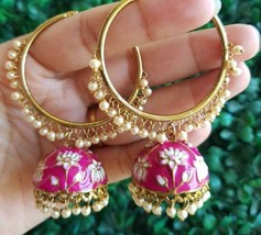 Indian Bollywood Style Enameled Rani Pink Bali Hoop Jhumka Earrings Jewelry Set - £14.90 GBP