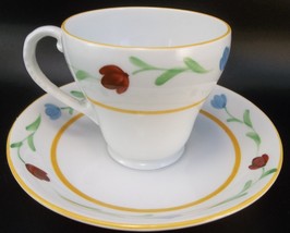 Hand Painted English Demitasse Tea Cup Saucer Red Blue Flowers Yellow Bo... - £9.49 GBP
