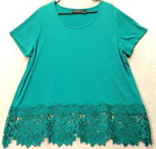 Susan Graver Occasion Blouse Top Womens Size XL Turquoise Lace Floral Round Neck - £14.51 GBP