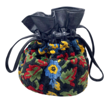 Vtg Chenille Flocked Drawstring Bucket Bag Purse Evening Bag Black Vegan... - £59.36 GBP