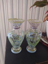 Vintage Floral Hand Painted Glass Bud Vase Vases Set 2 Blue Flowers Deco... - $355.79 MXN