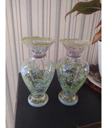Vintage Floral Hand Painted Glass Bud Vase Vases Set 2 Blue Flowers Deco... - $18.69
