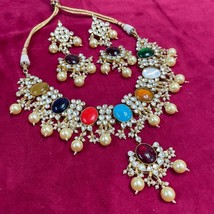 VeroniQ Trends-Navratna Gold Plated in handmade Kundan &amp; Faux Ruby Necklace - £220.50 GBP