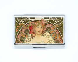 Business &amp; Credit Card art nouveau mucha woman flower Steel Pocket box h... - £12.50 GBP