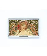 Business &amp; Credit Card art nouveau mucha woman flower Steel Pocket box h... - £12.43 GBP