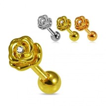 Surgical Steel CZ Jeweled Rose Flower Cartilage Helix Tragus Ear Stud 16G - £34.29 GBP