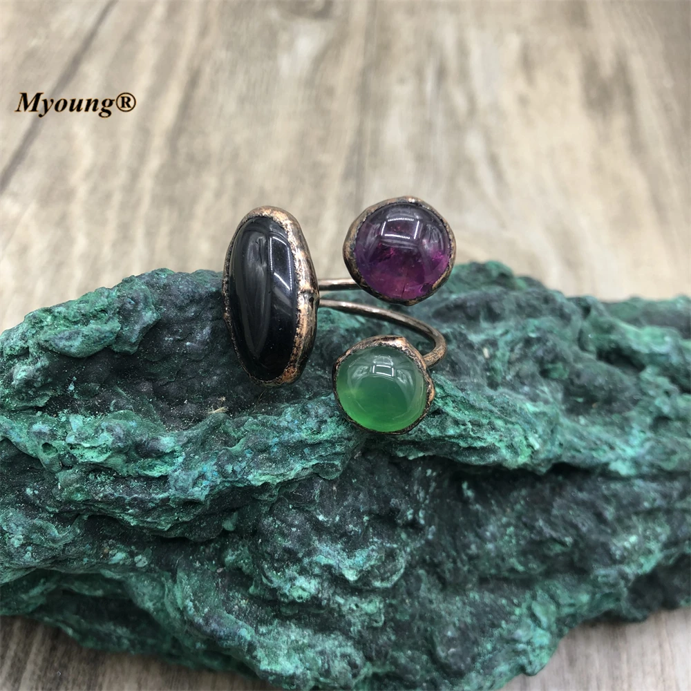 Natural Onyx Green Agates AmethystsThree Stones Ring Bronze Plated Vintage Ring  - $78.02